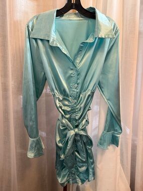 Satin Button-Front Tie-Waist Dress in Aqua